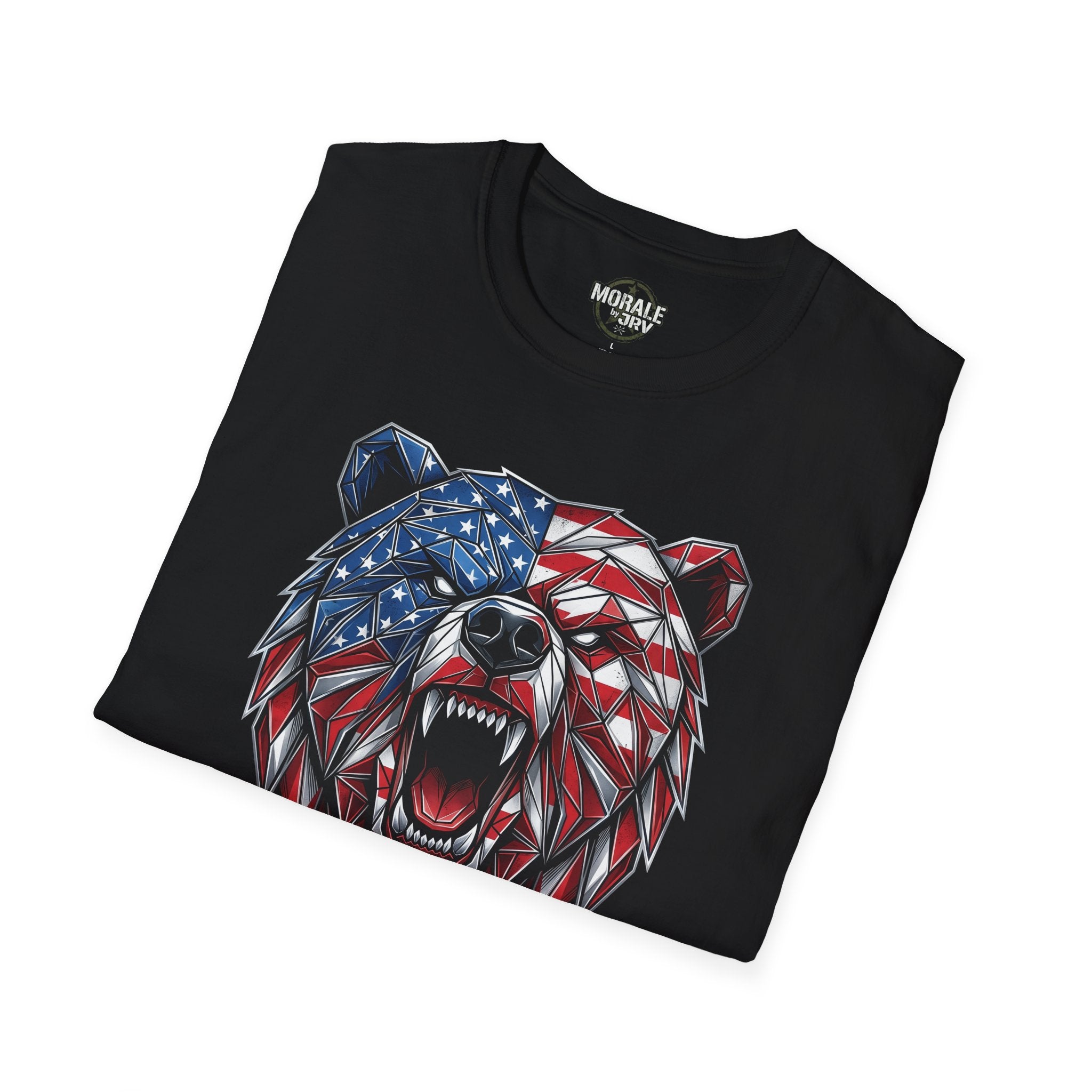 Black T-shirt close-up of geometric American flag bear face graphic