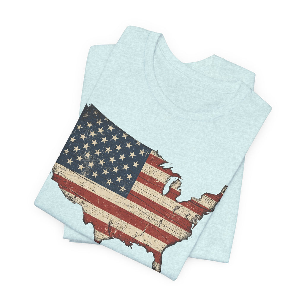 Light aqua American flag USA map T-shirt with distressed front graphic