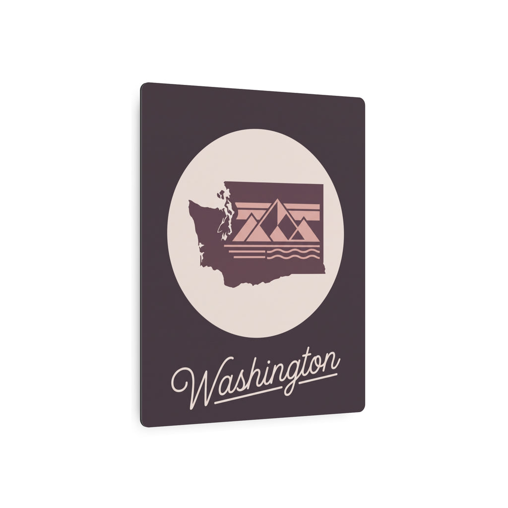 Mauve square metal wall art with circular Washington silhouette and script “Washington”