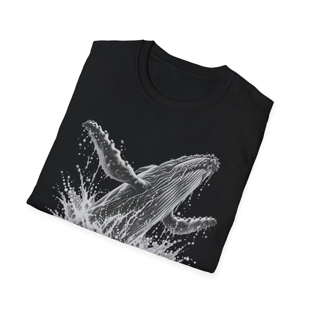 Black T-shirt with gray breaching humpback whale and splash graphic