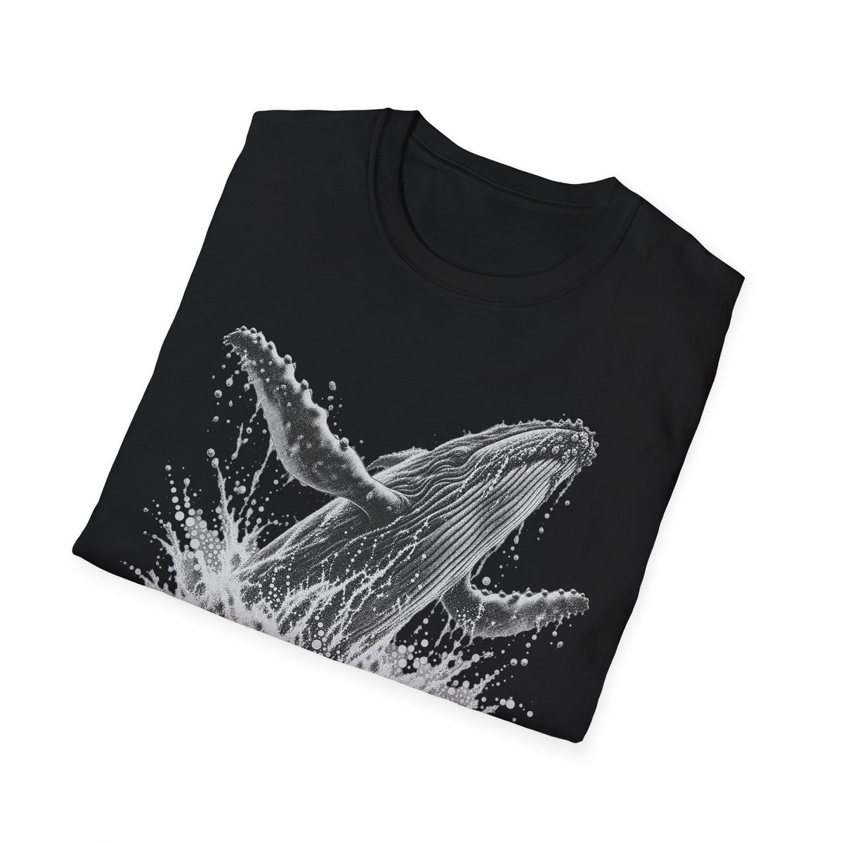 Black T-shirt with gray breaching humpback whale and splash graphic