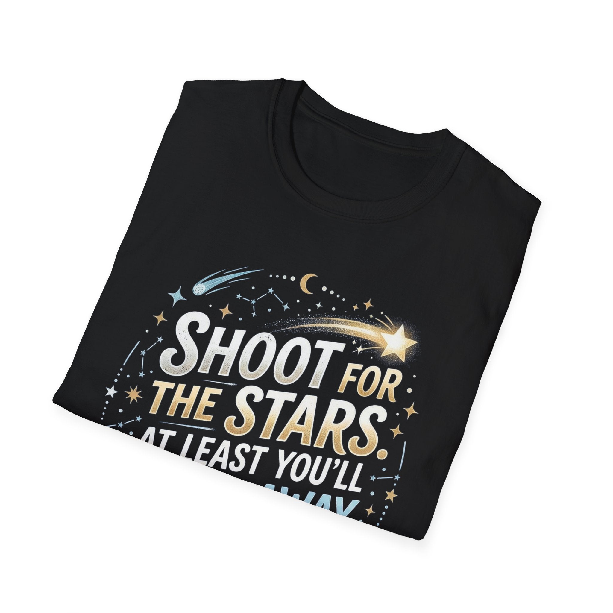 Black Shoot for the Stars T-shirt, angled view of “Shoot for the Stars” graphic