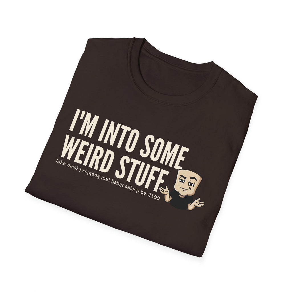 Dark brown T-shirt with weird stuff slogan and character graphic