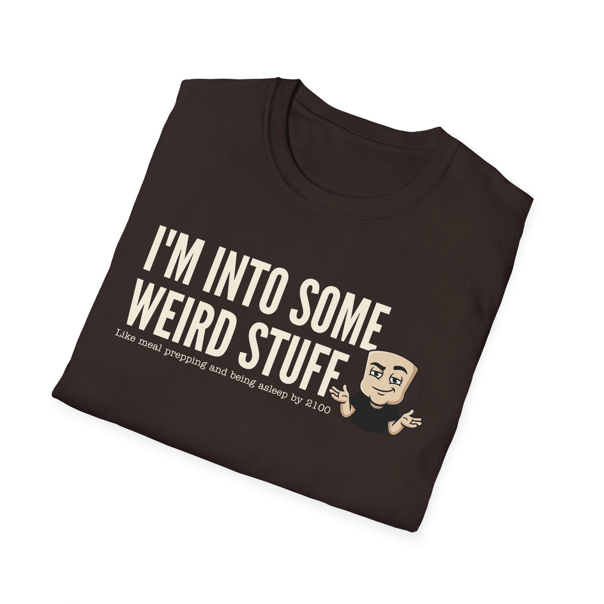 Dark brown T-shirt with weird stuff slogan and character graphic