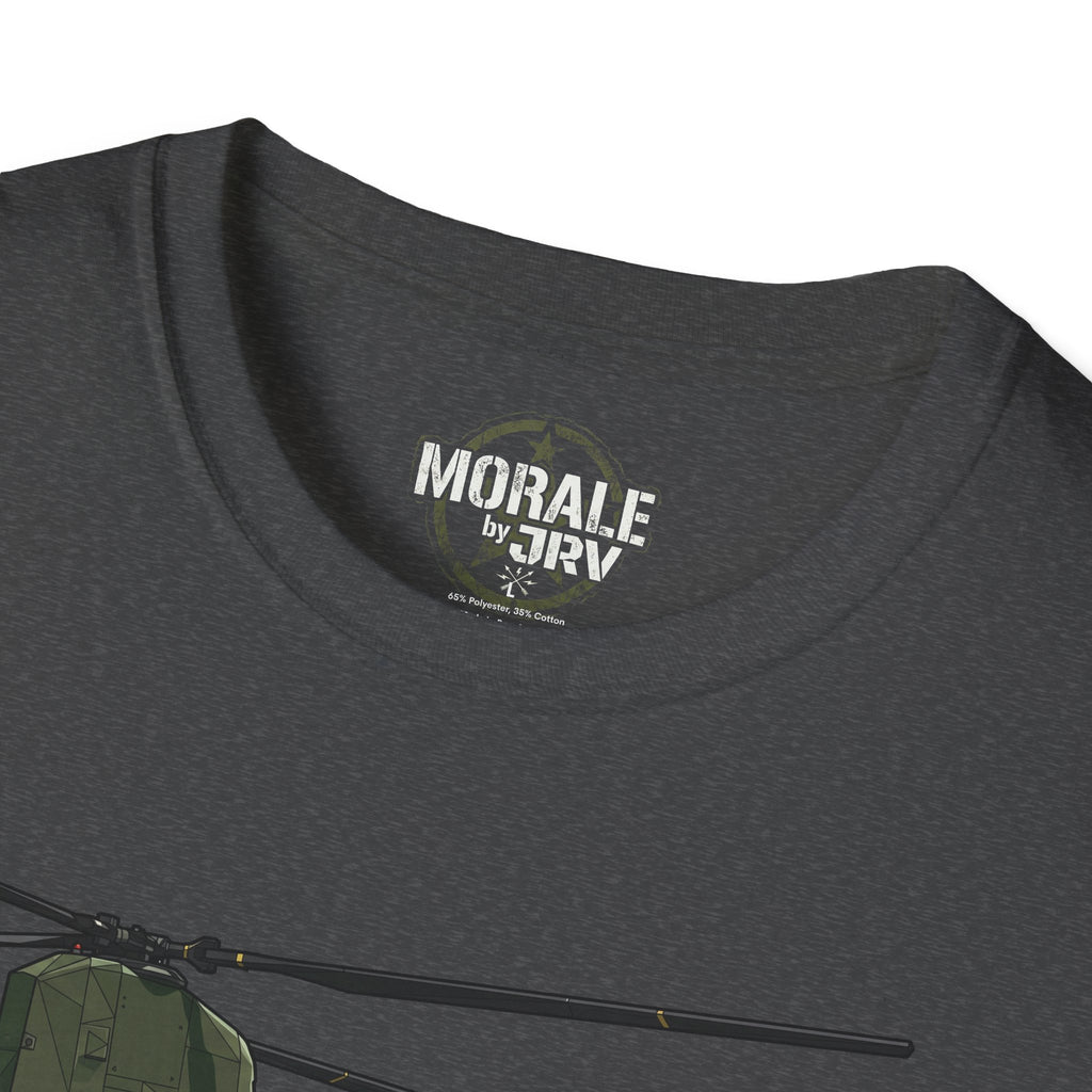 Dunkelgraues CH-47 Chinook T-Shirt: „MORALE by TRV“-Print am Halsausschnitt