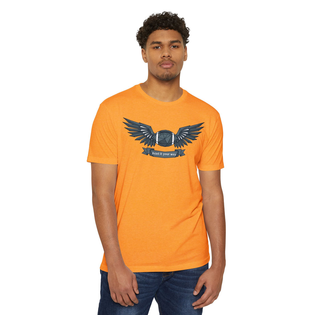 Orange crewneck T-shirt on a person, with winged camera emblem on the chest