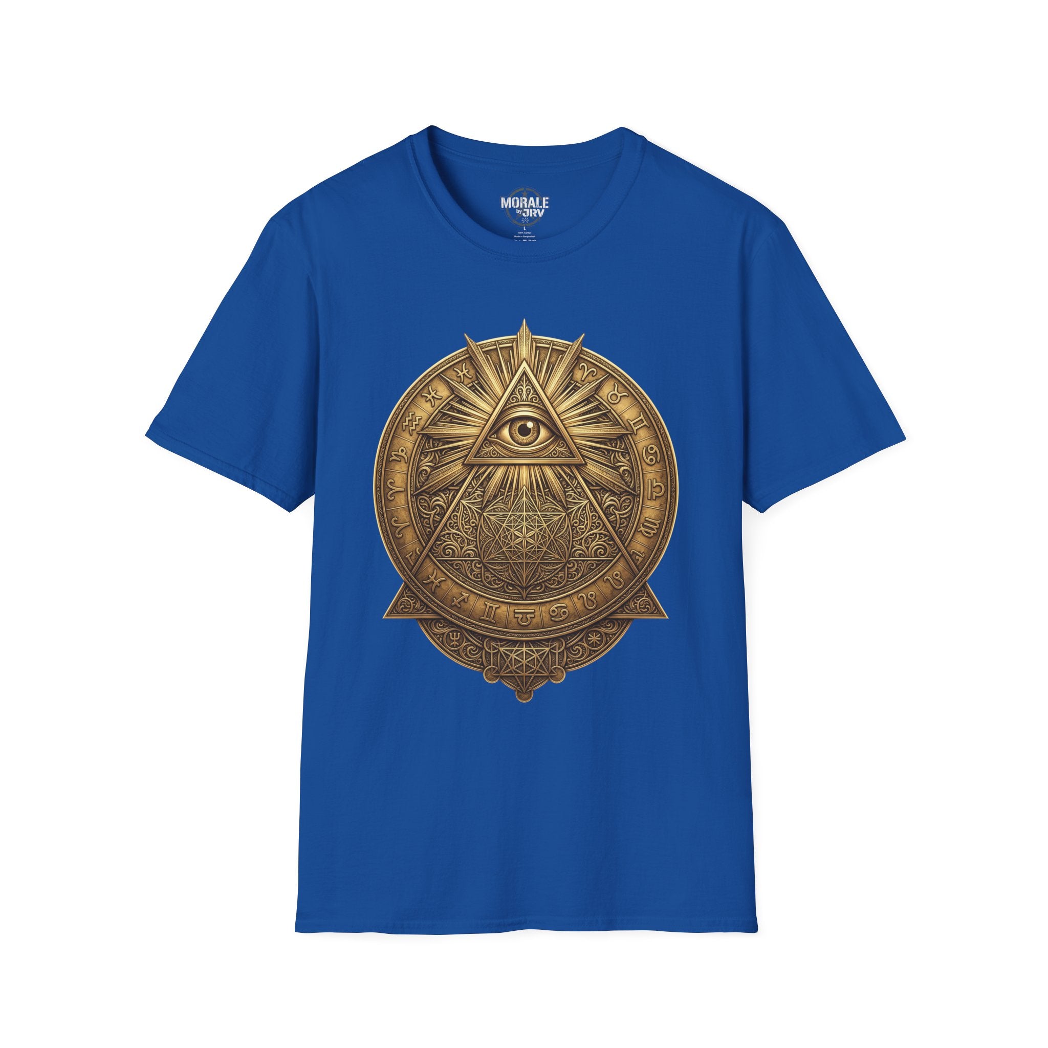 Royal blue t-shirt with gold all-seeing eye mandala pyramid emblem