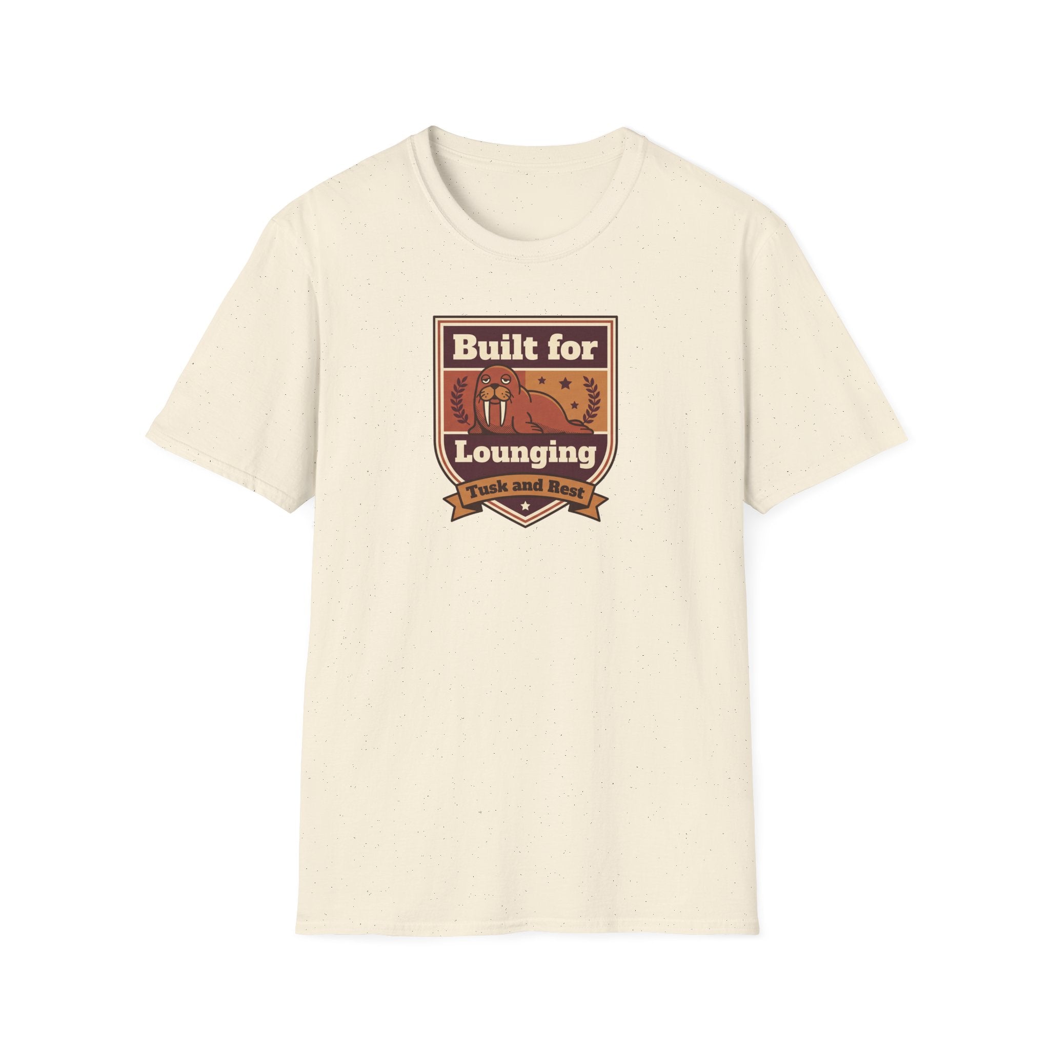 Cream short-sleeve T-shirt with chest walrus badge graphic