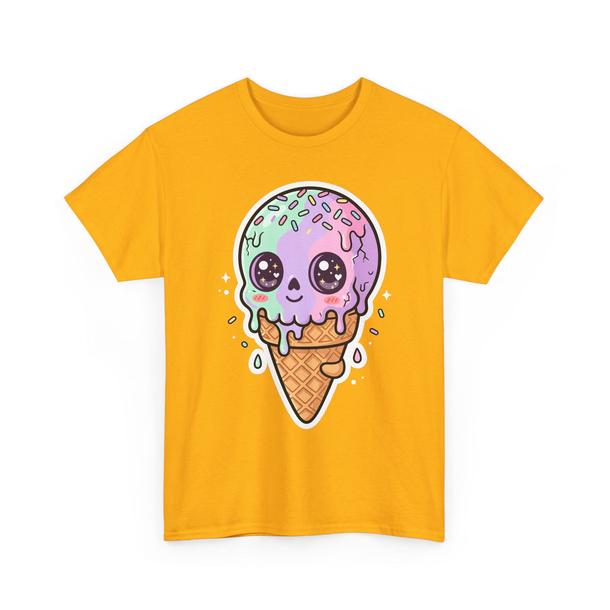 Yellow T-shirt with cute melting ice cream cone cartoon graphic on front