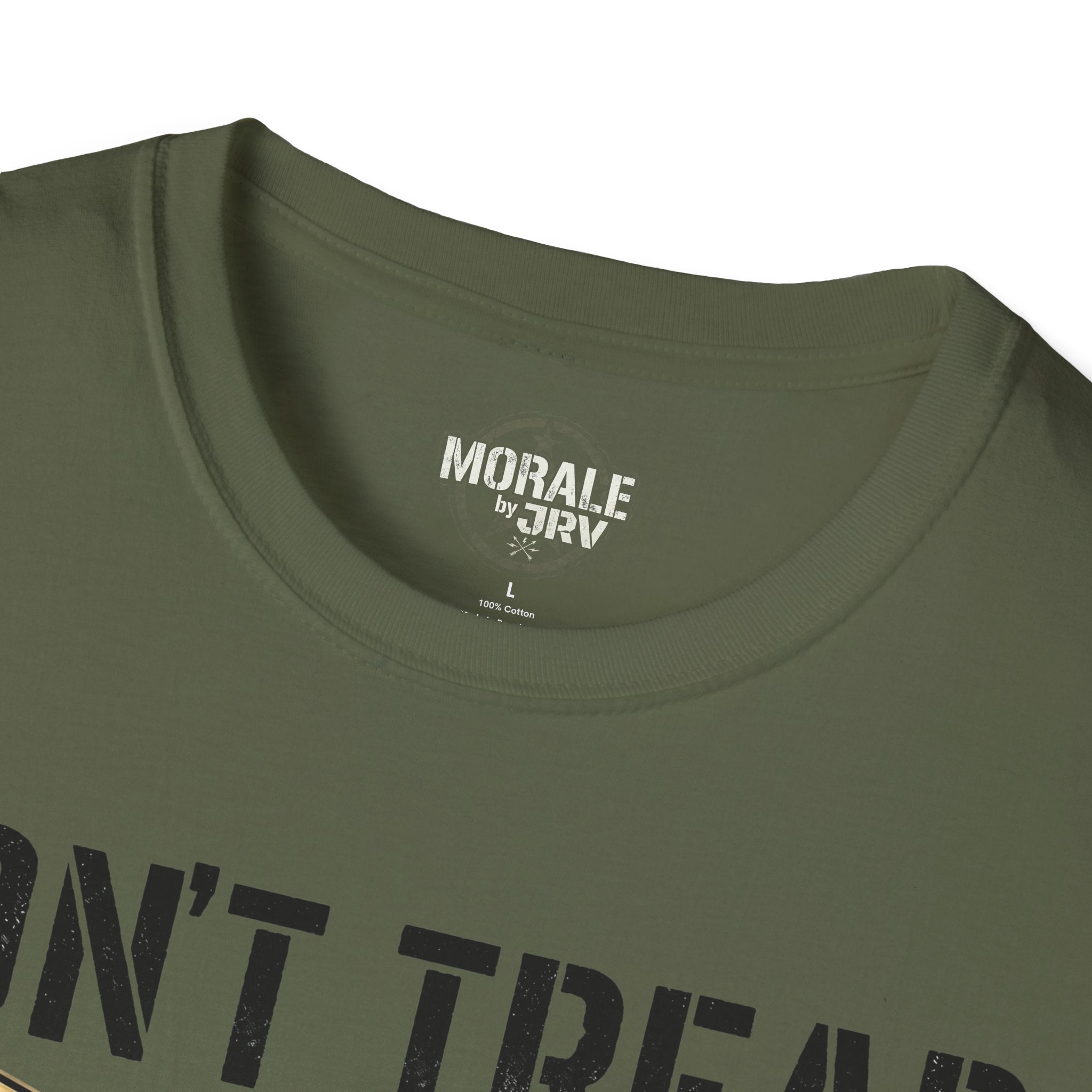 Military green T-shirt with small chest logo and partial “DON’T TREAD ON ME”