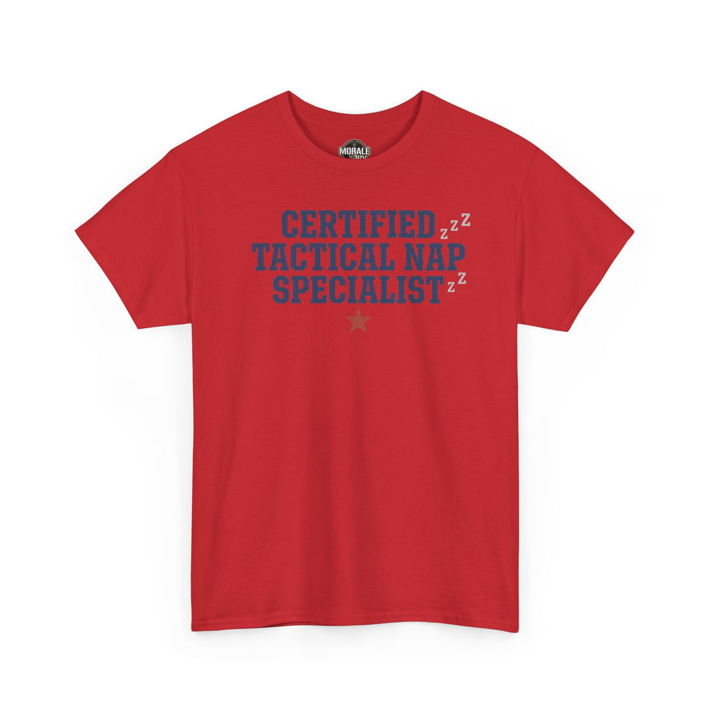 Red crew-neck tee with tactical nap specialist graphic