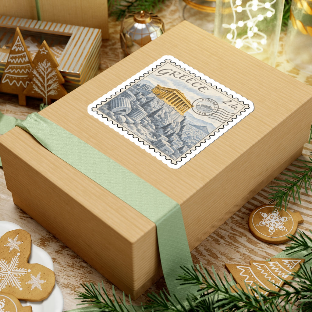 Greece vintage postage stamp sticker on a gift box, showing Parthenon and “2 dr”