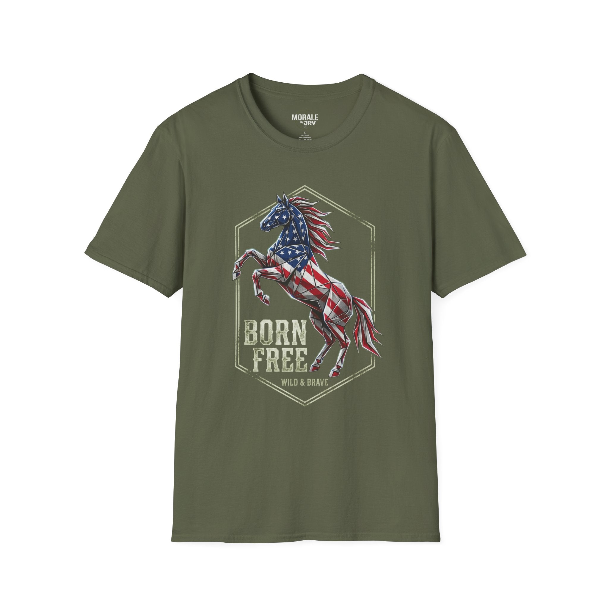 American flag horse T-shirt, military green with "Born Free" horse print