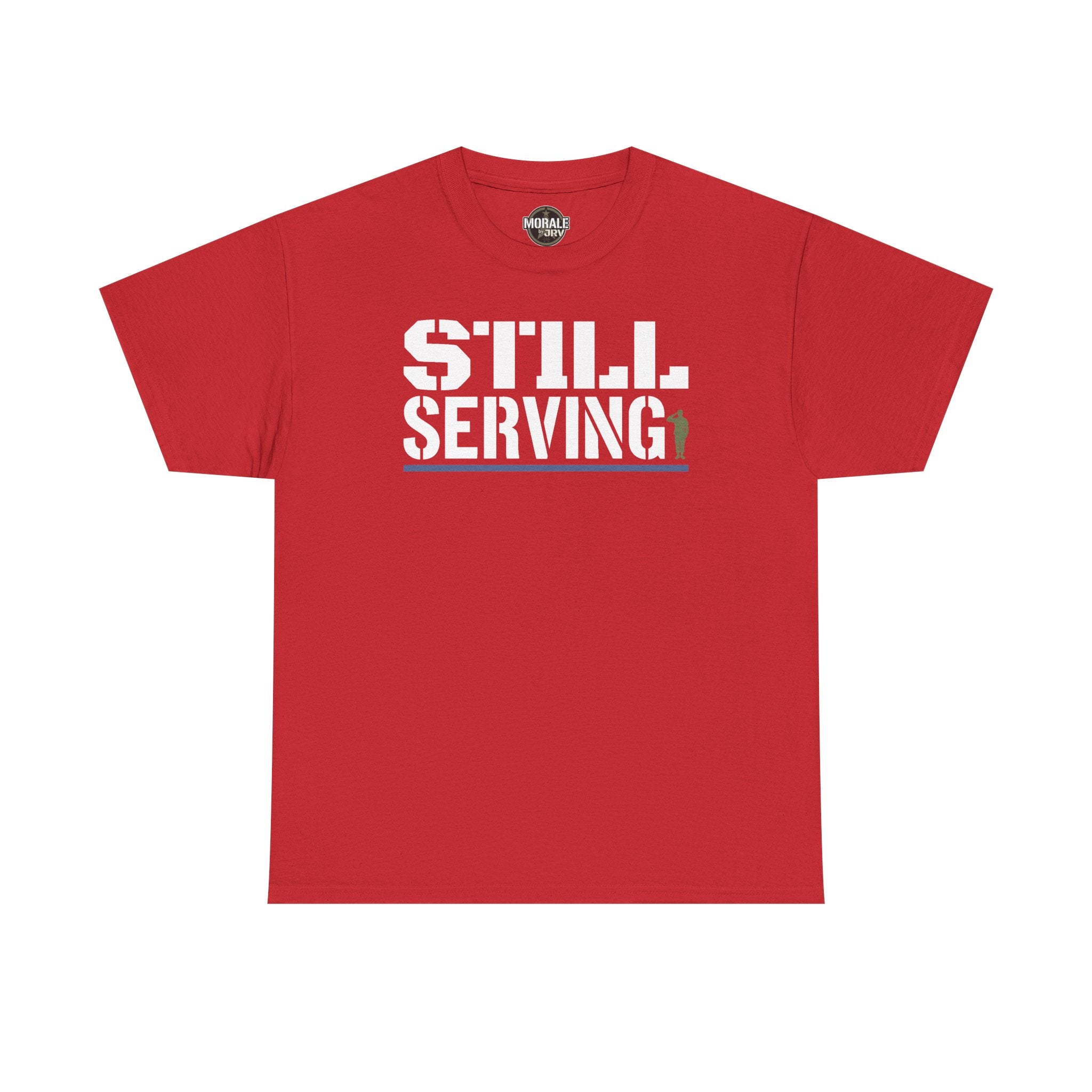 Red crewneck T-shirt with center “STILL SERVING” graphic