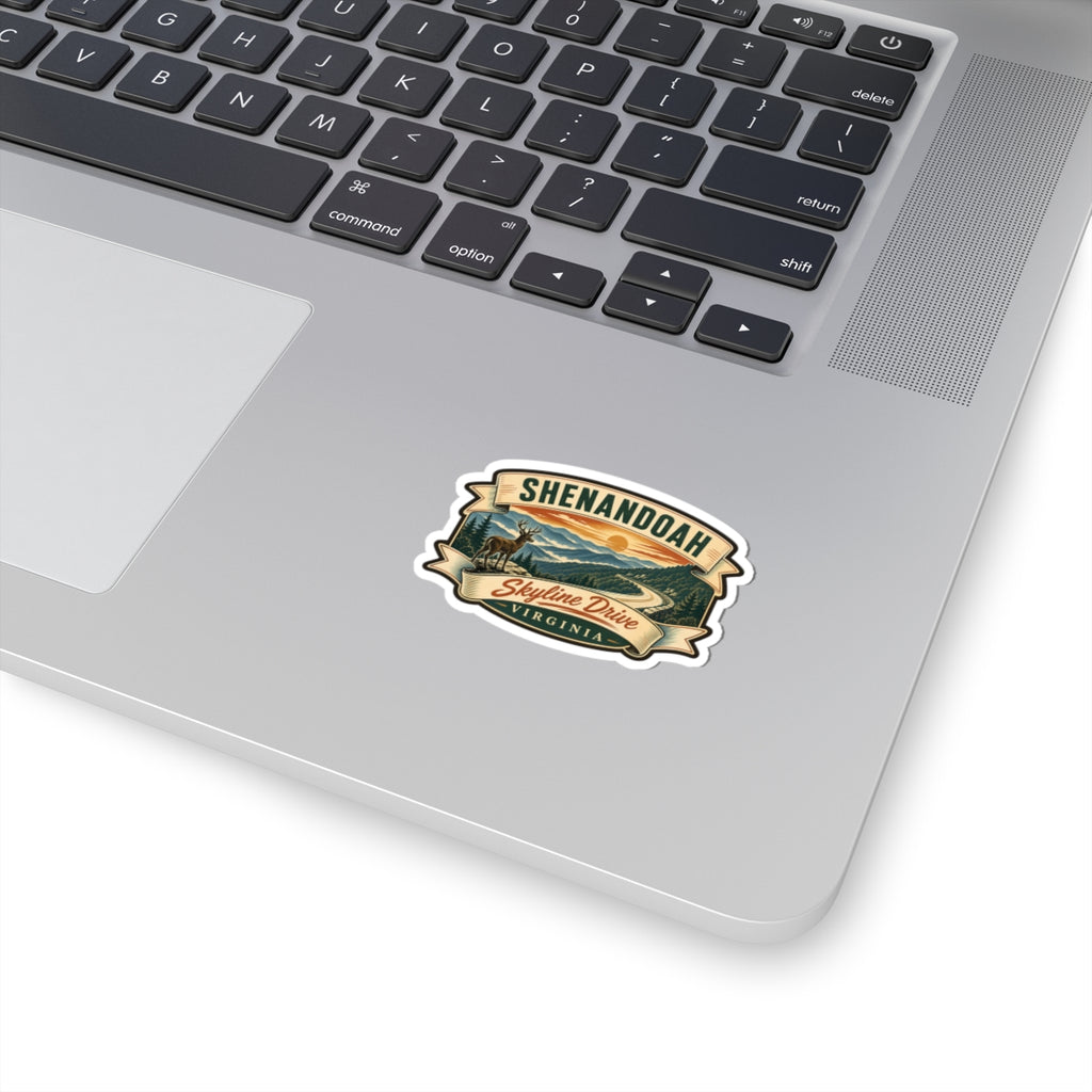 Shenandoah Skyline Drive retro travel sticker, green and gold ribbon emblem with text