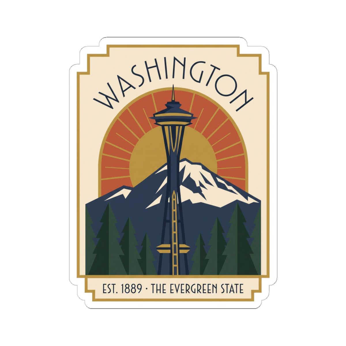 Washington sticker featuring Space Needle, mountain peaks, and pine trees artwork