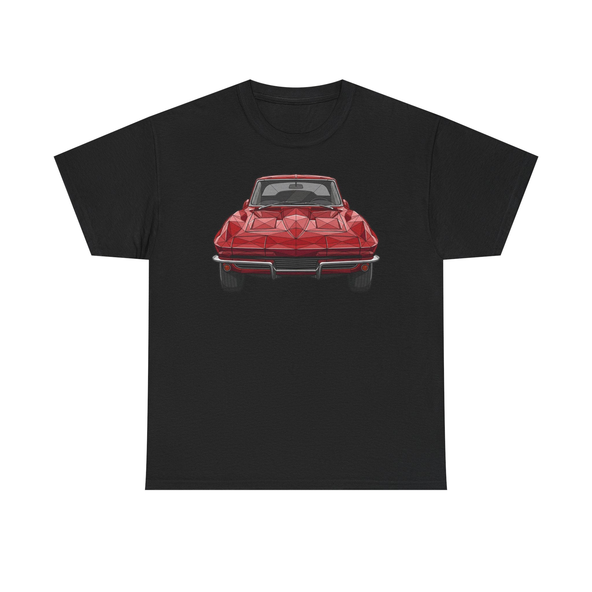 Black T-shirt with red retro sports coupe graphic on the chest