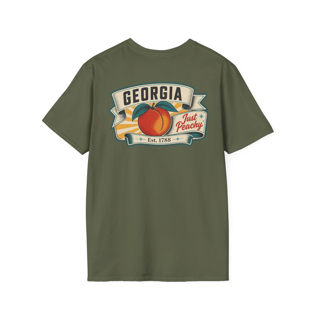 Olive green T-shirt with Georgia badge logo and peach fruit graphic on front