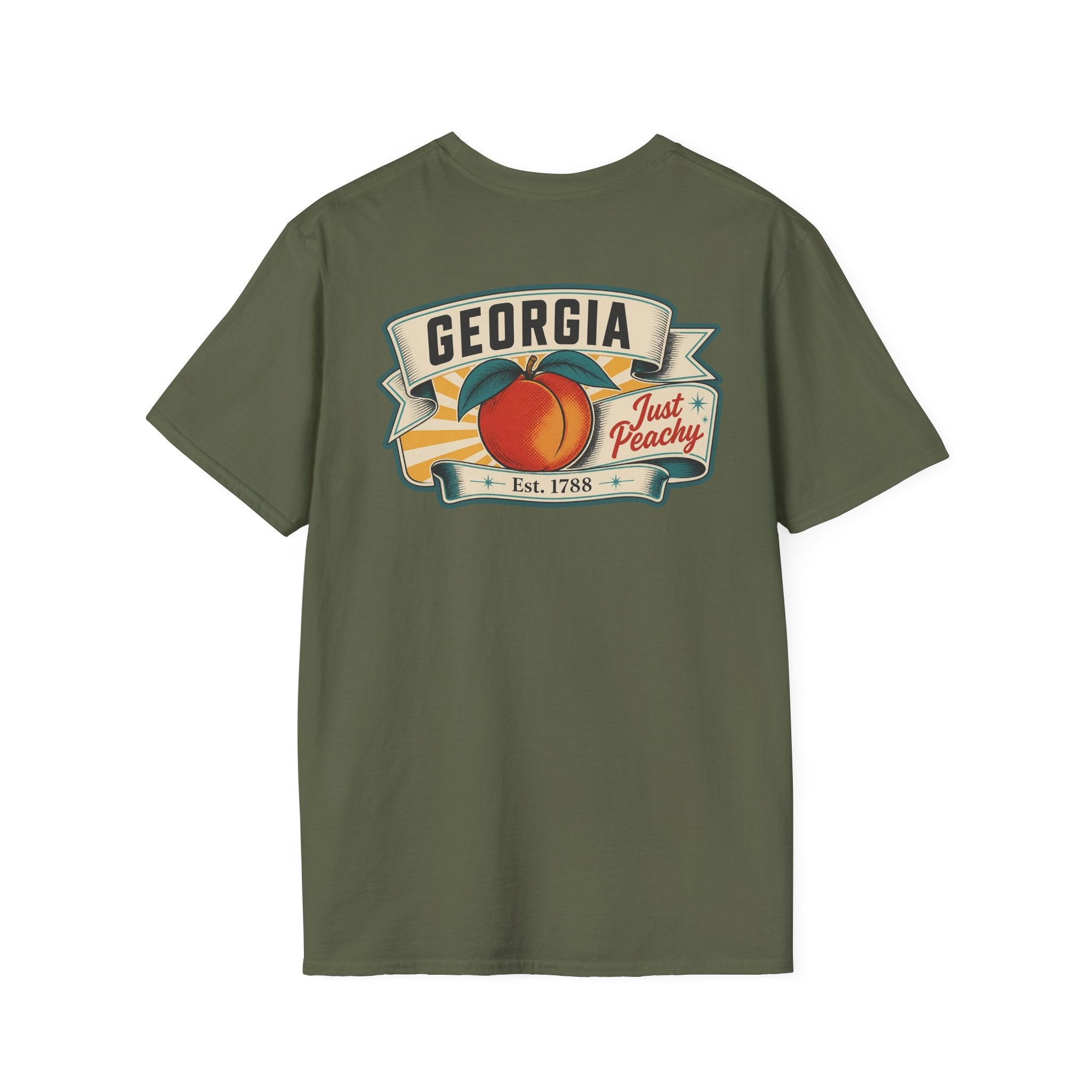Olive green T-shirt with Georgia badge logo and peach fruit graphic on front