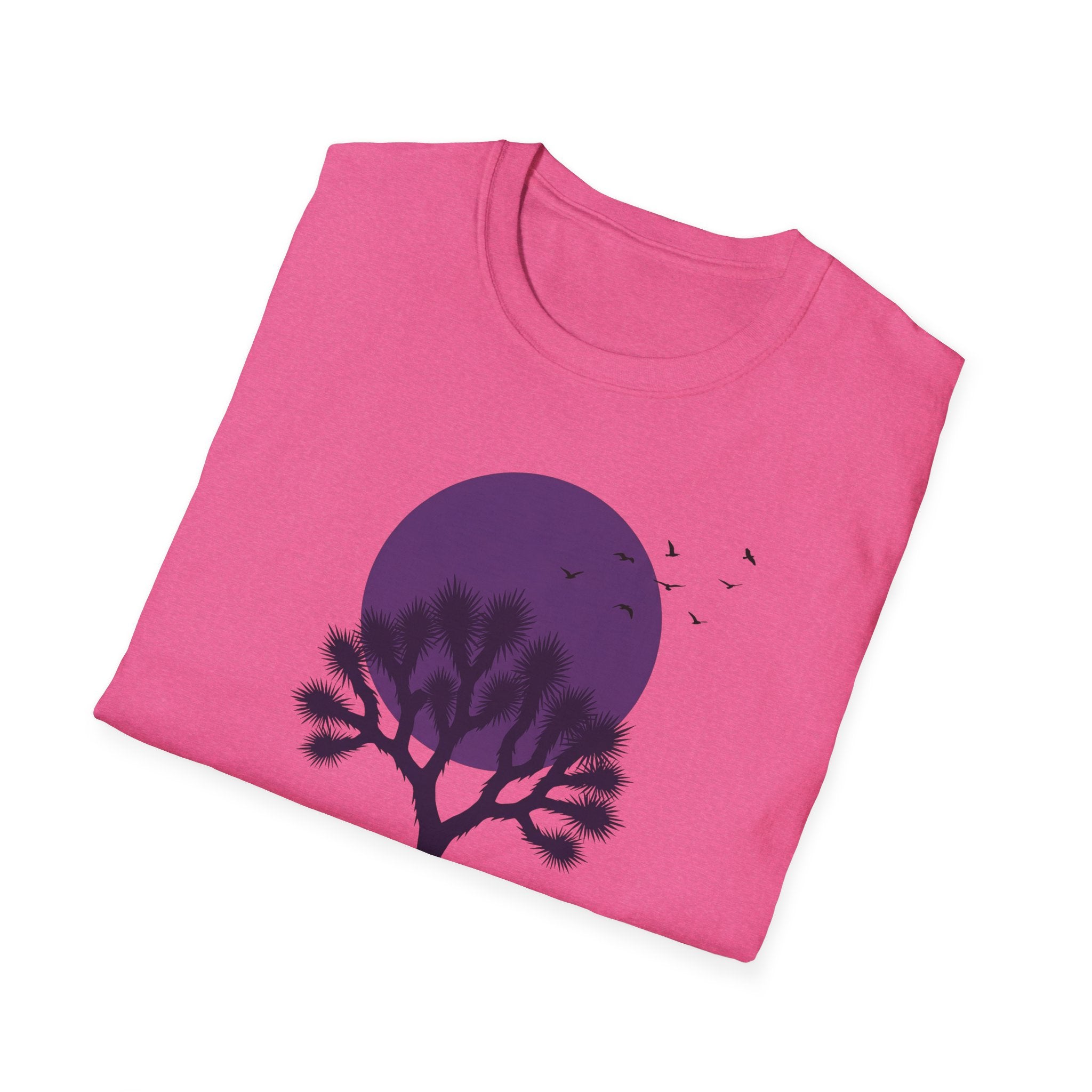 Pink T-shirt with Joshua tree silhouette and birds around the moon graphic