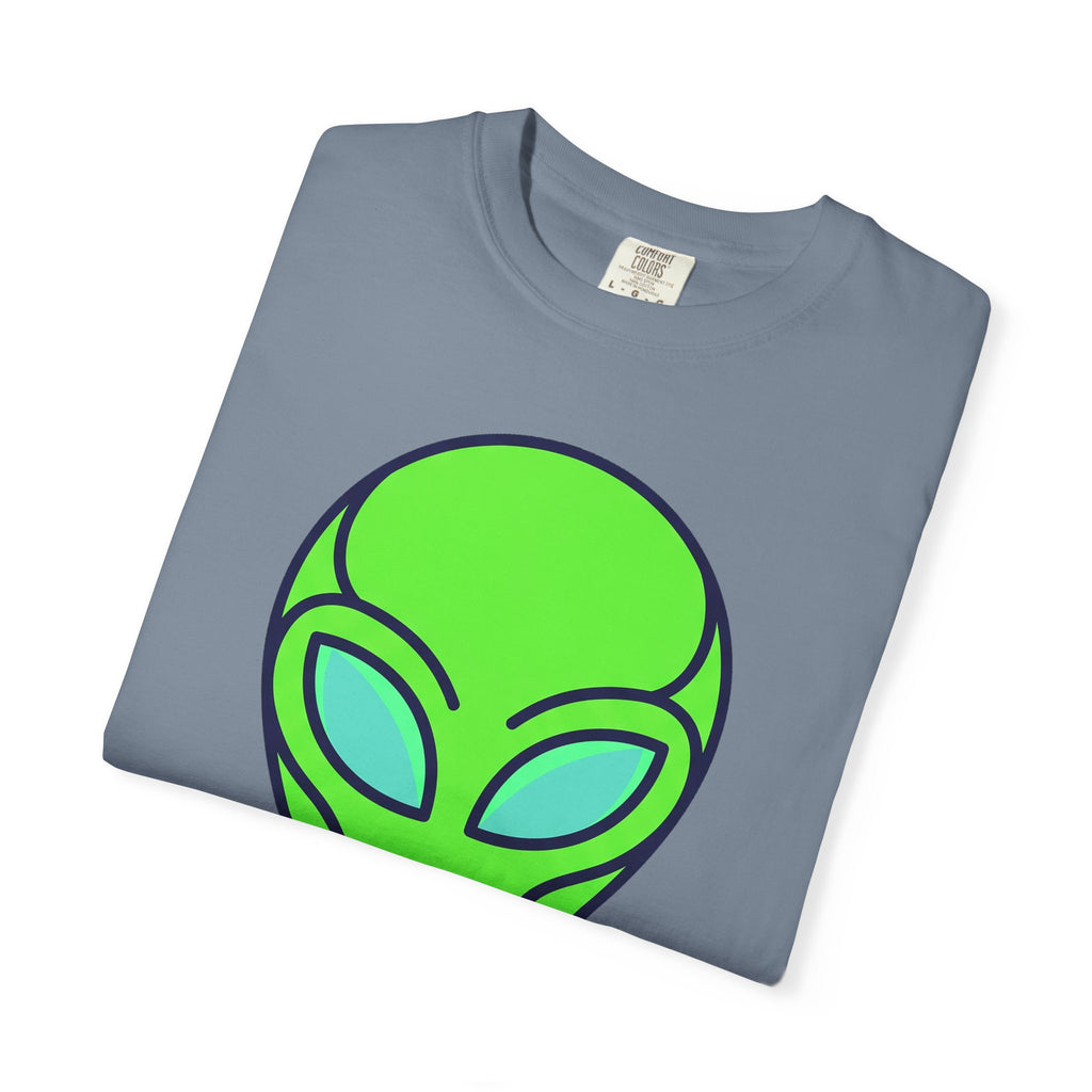 Blue-gray alien visitor T-shirt with neon green UFO face graphic, crew neck