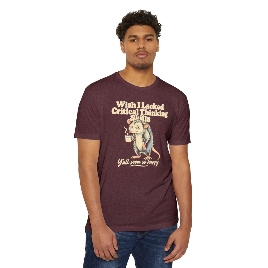 Short-sleeve maroon T-shirt with opossum holding coffee and printed slogan