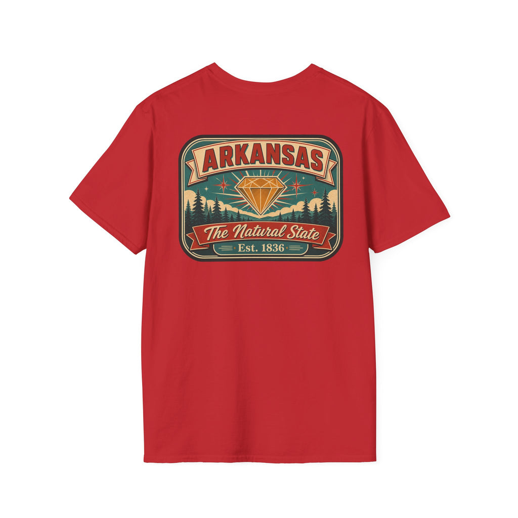 Crewneck T-shirt in red with Arkansas “Natural State” badge graphic