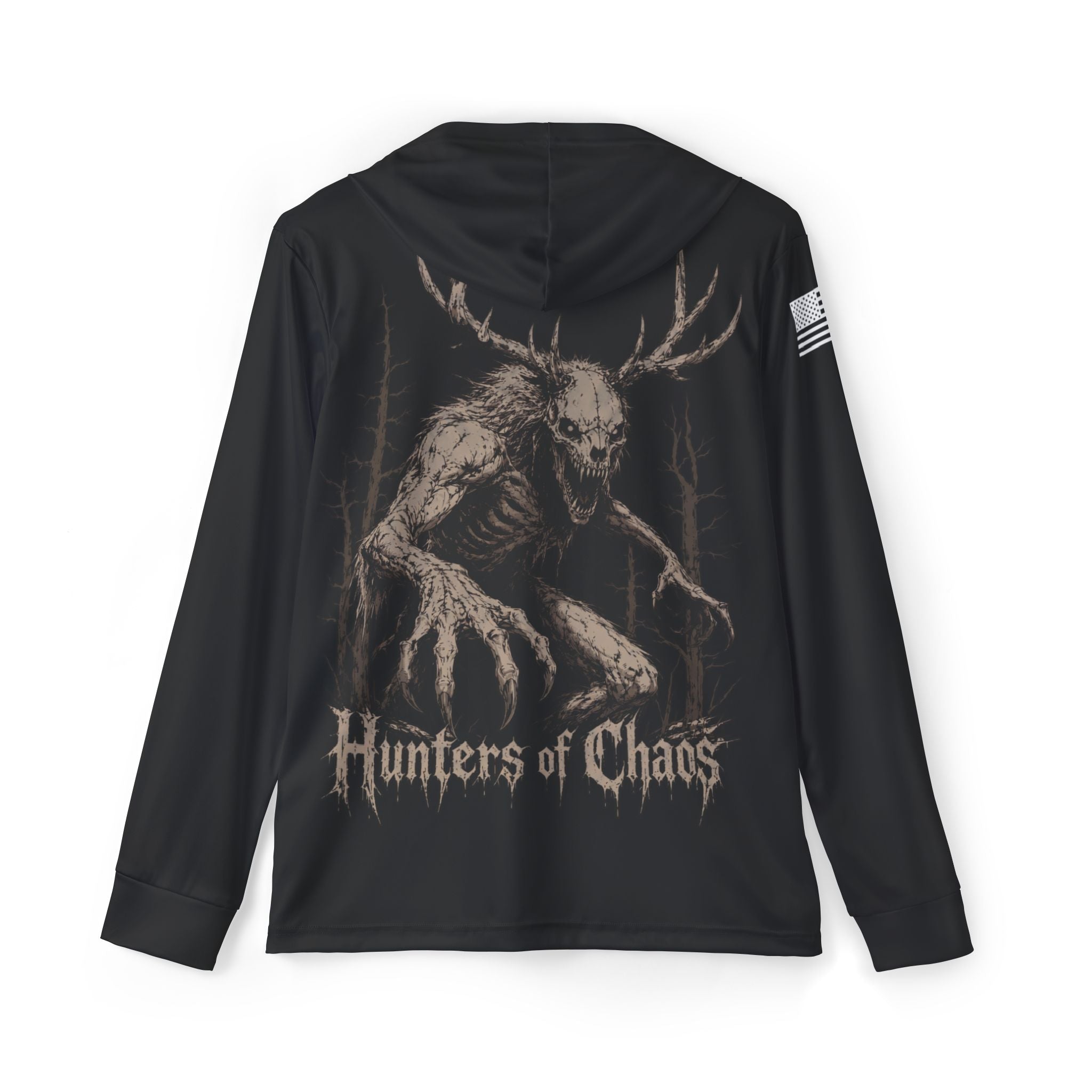 Black thin sport hoodie with back deer graphic and Hunters of Chaos text.