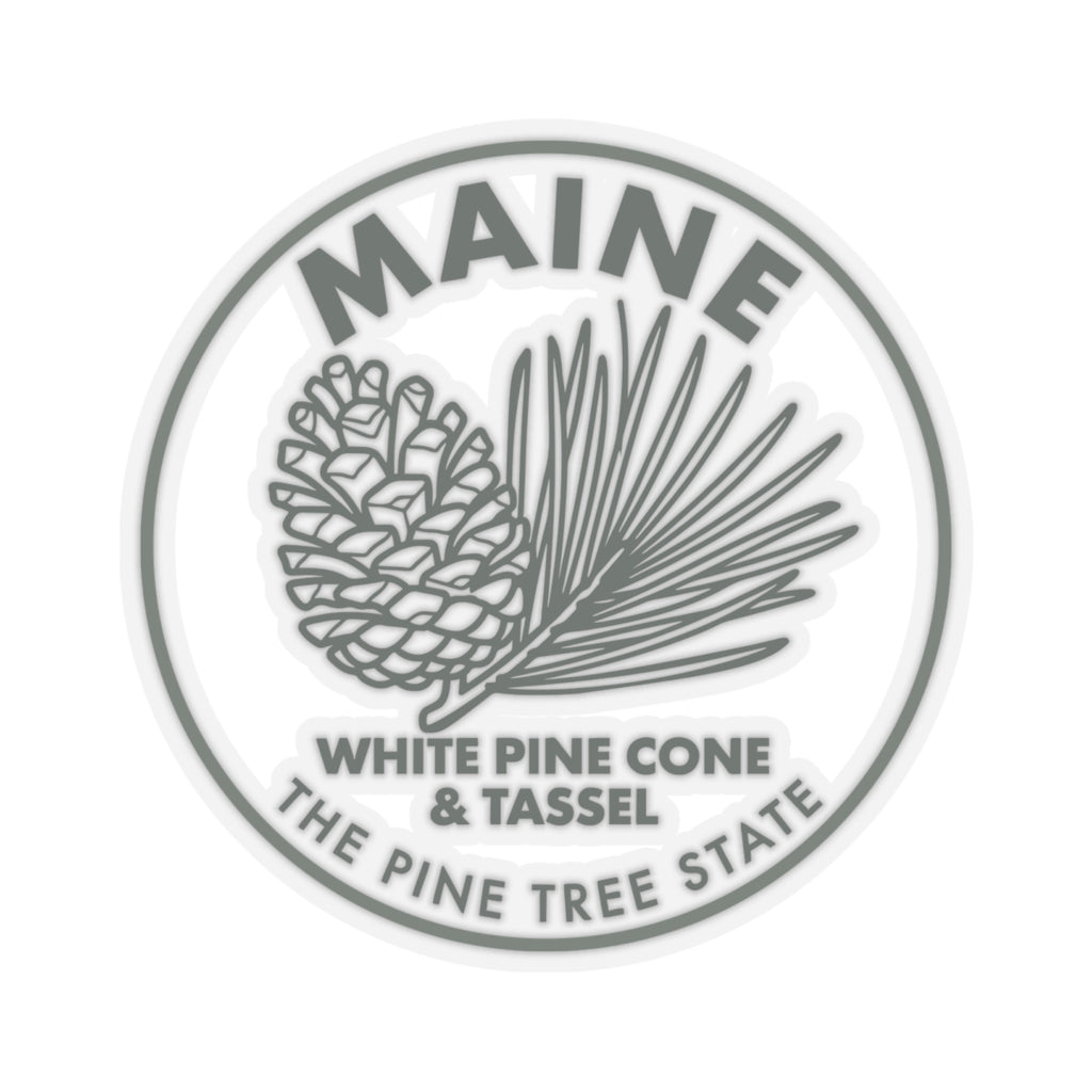Circular Maine sticker showing white pine cone and tassel, transparent vinyl decal