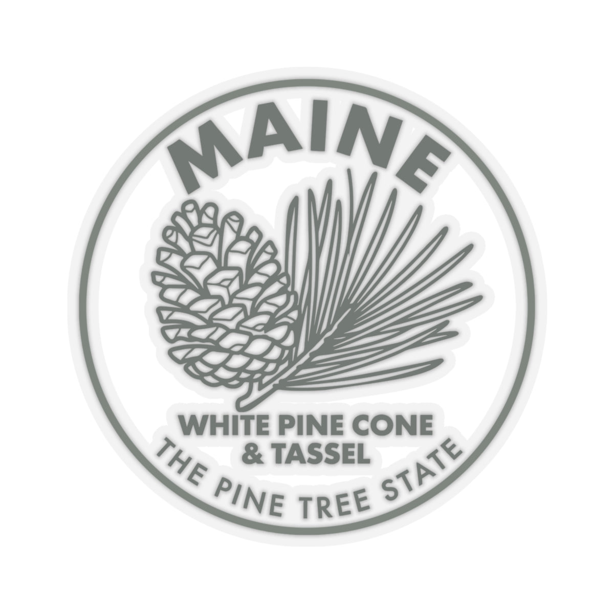 Circular Maine sticker showing white pine cone and tassel, transparent vinyl decal