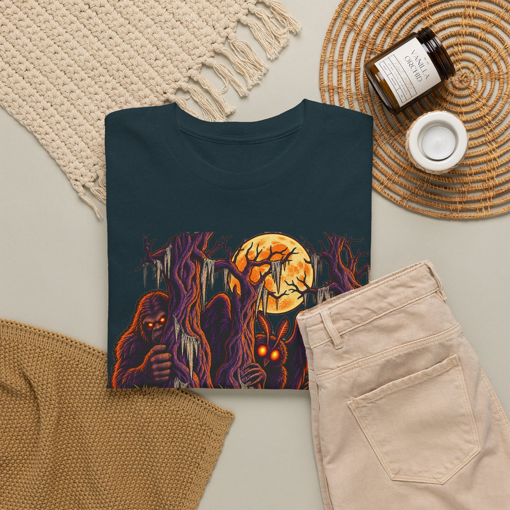 Navy Halloween monster graphic T-shirt with haunted forest scene print