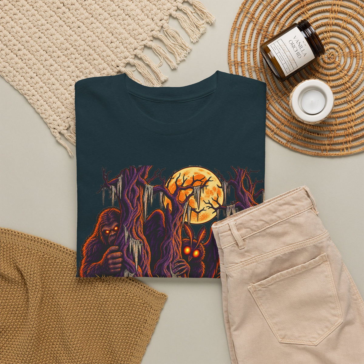 Navy Halloween monster graphic T-shirt with haunted forest scene print