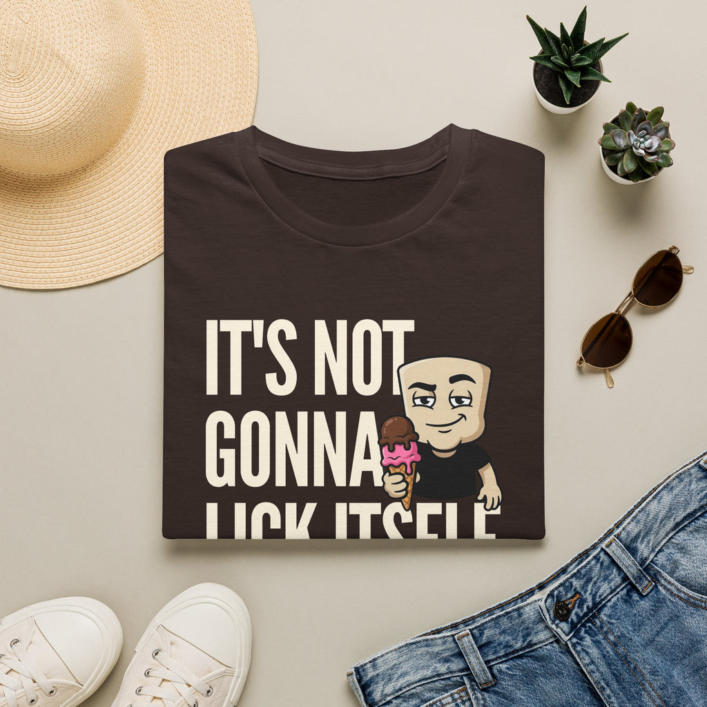 Dark brown T-shirt with 'IT'S NOT GONNA' text and cartoon ice cream character.