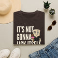 Dark brown T-shirt with 'IT'S NOT GONNA' text and cartoon ice cream character.