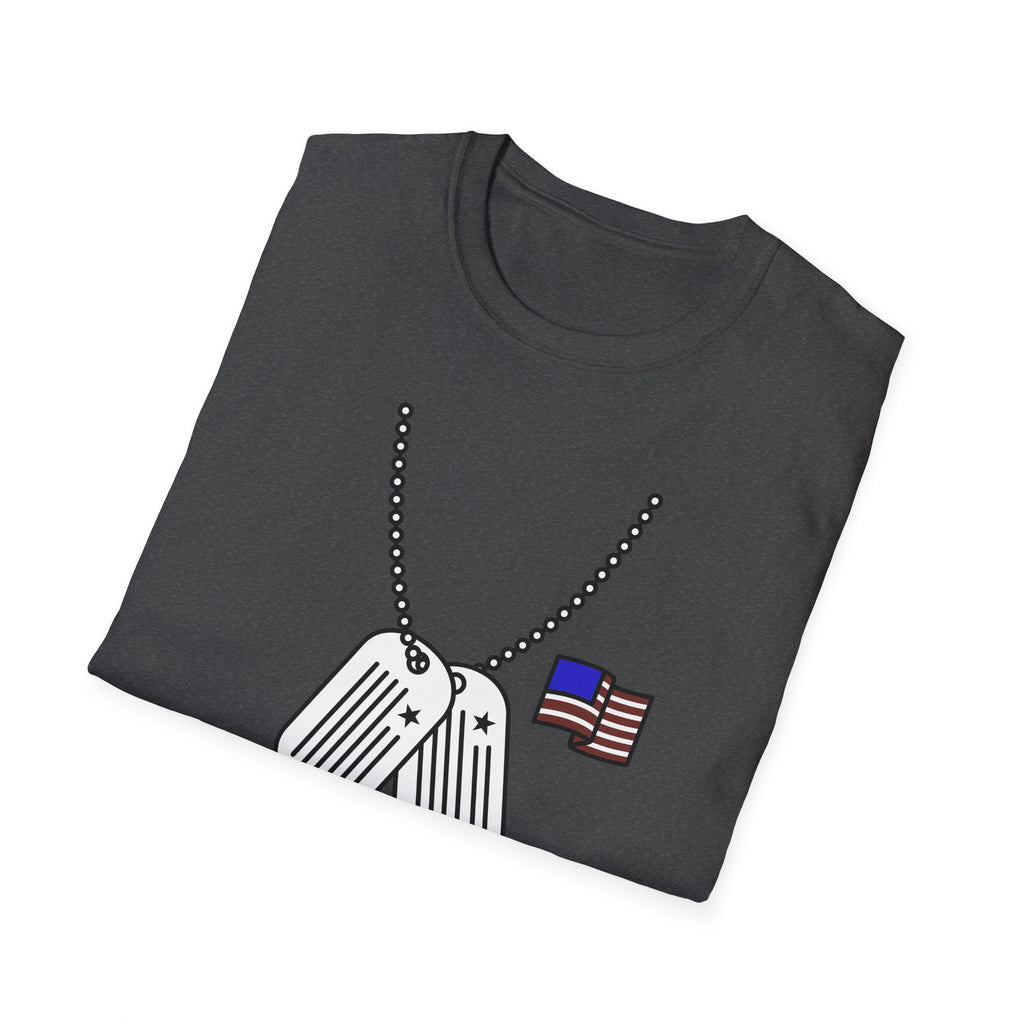 Dark heather graphic T-shirt with dog tag chain and American flag print