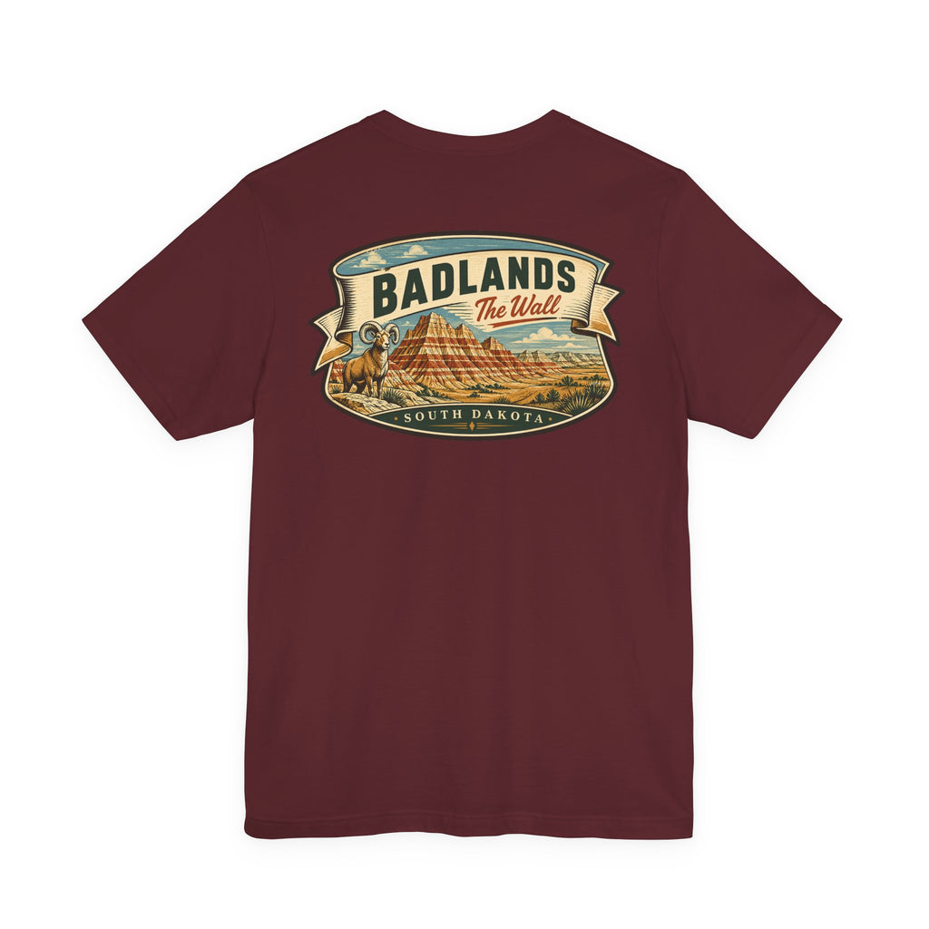 Burgundy crewneck graphic t-shirt with large Badlands “The Wall” emblem on chest