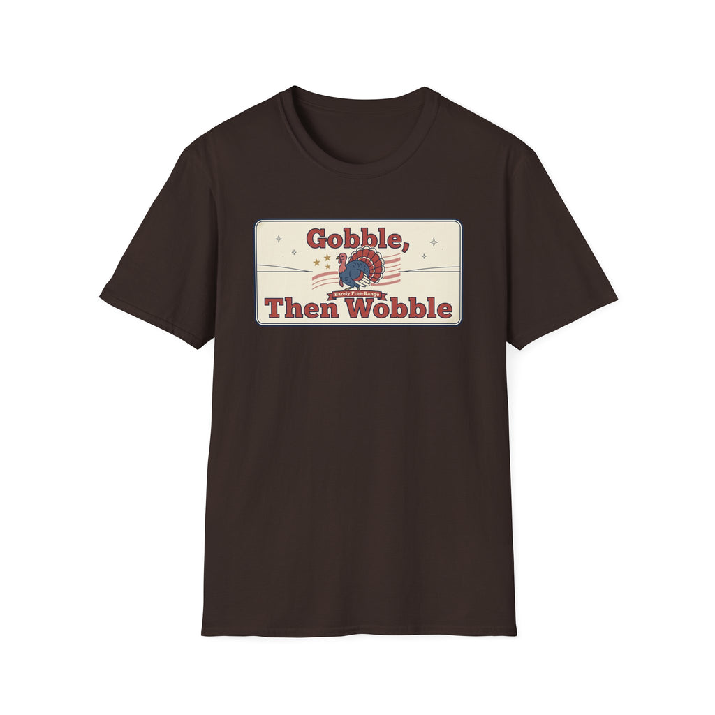 Dark chocolate crewneck T-shirt with “Gobble Then Wobble” turkey graphic (front).