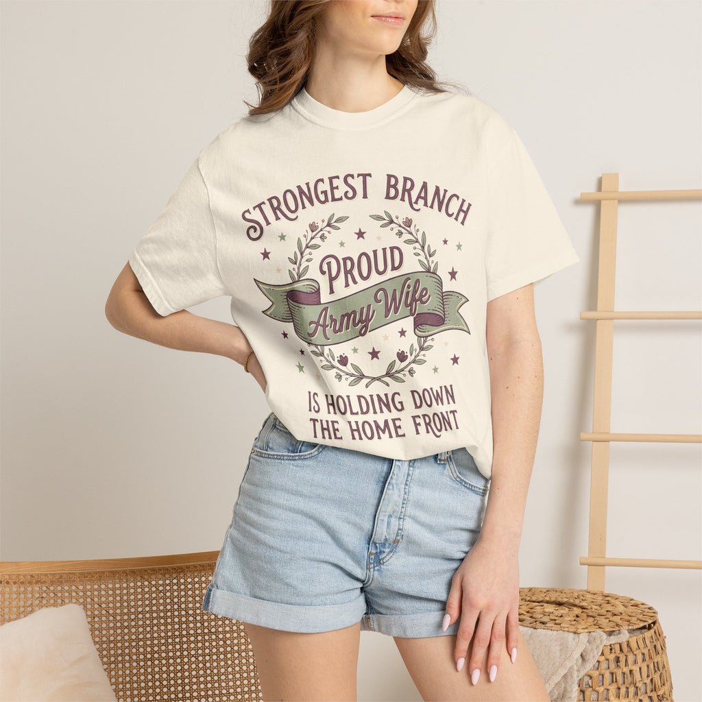 Women’s white t-shirt with “Proud Army Wife” wreath graphic and text on front