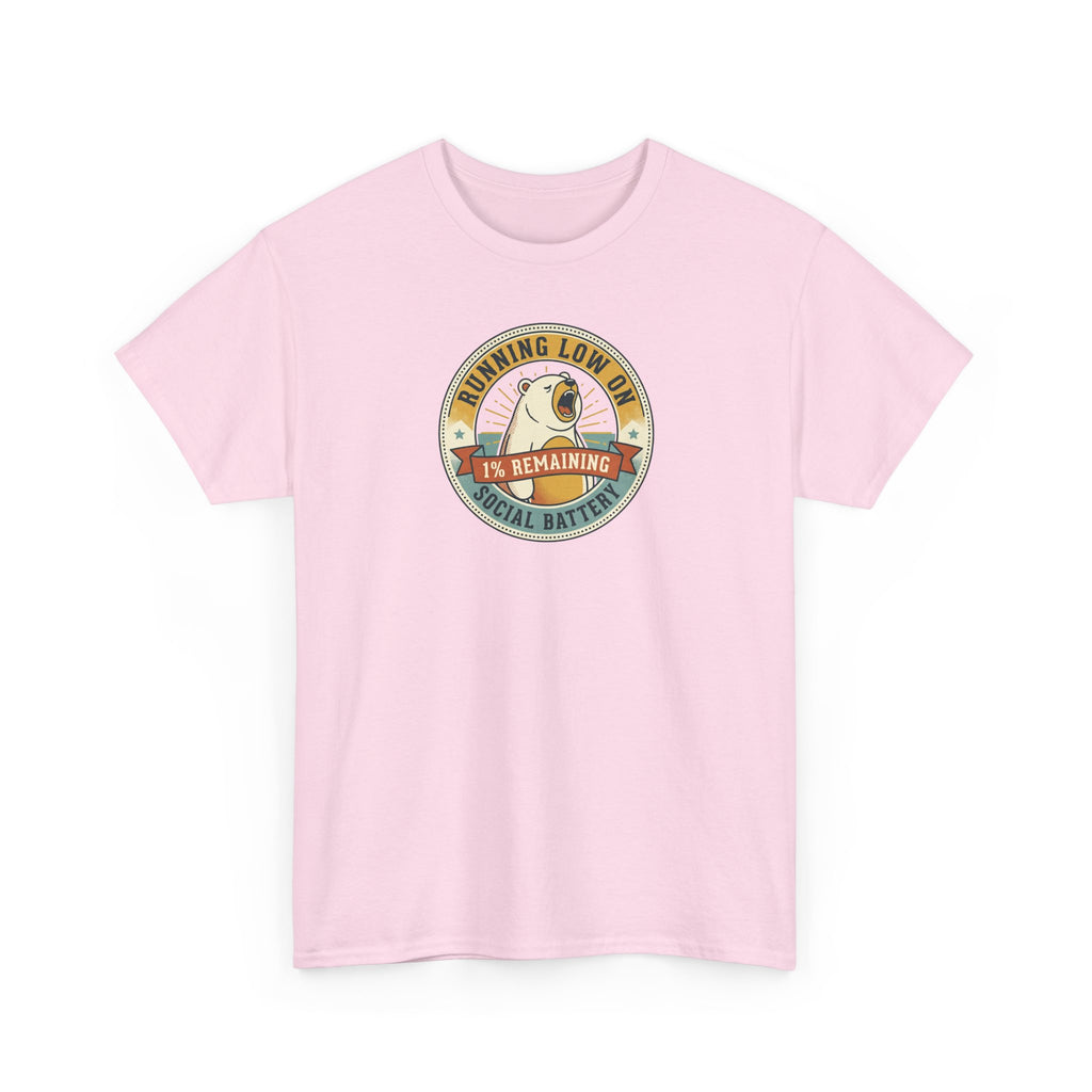 Light pink crewneck T-shirt with circular graphic on the chest.