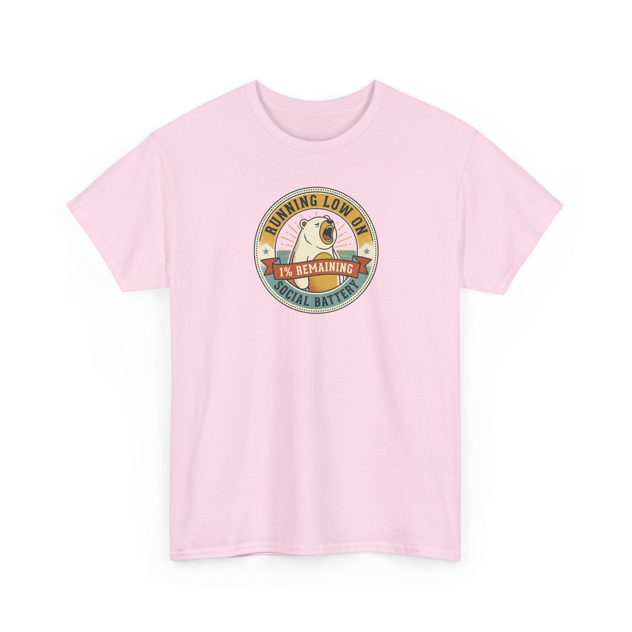 Light pink crewneck T-shirt with circular graphic on the chest.
