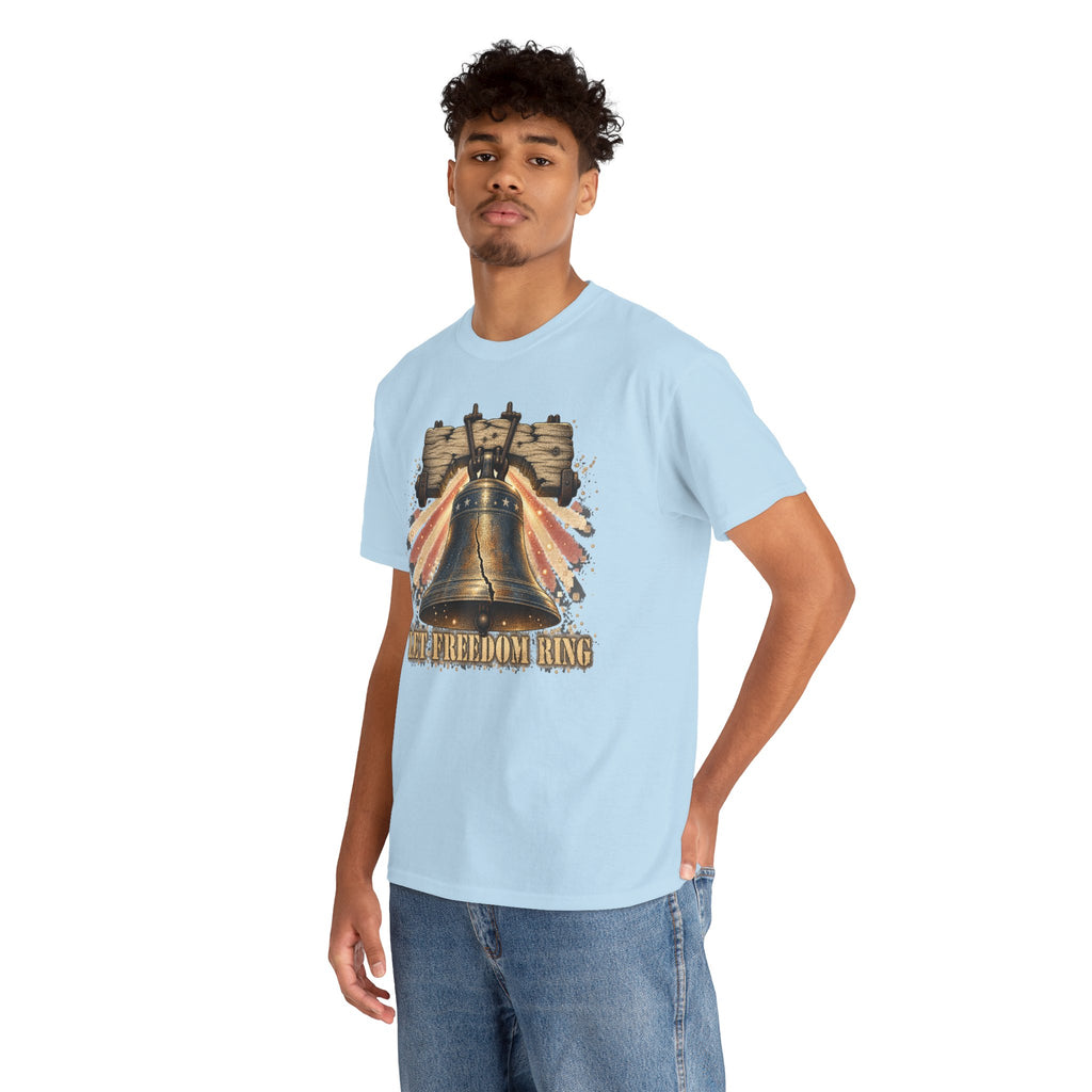 Light blue short-sleeve crewneck T-shirt with patriotic liberty bell graphic on model.