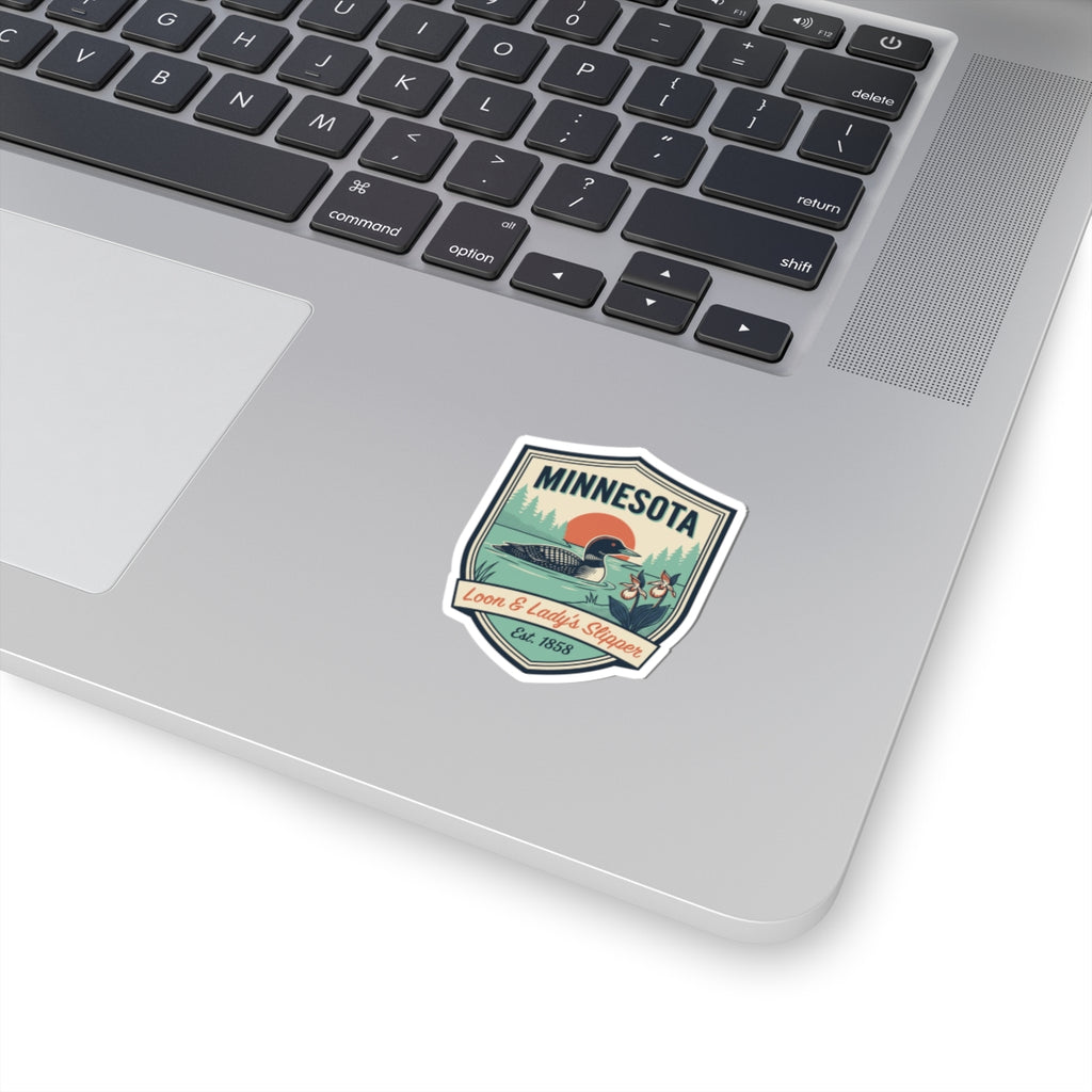 Minnesota state badge vinyl sticker with illustrated loon and lady slipper, die-cut