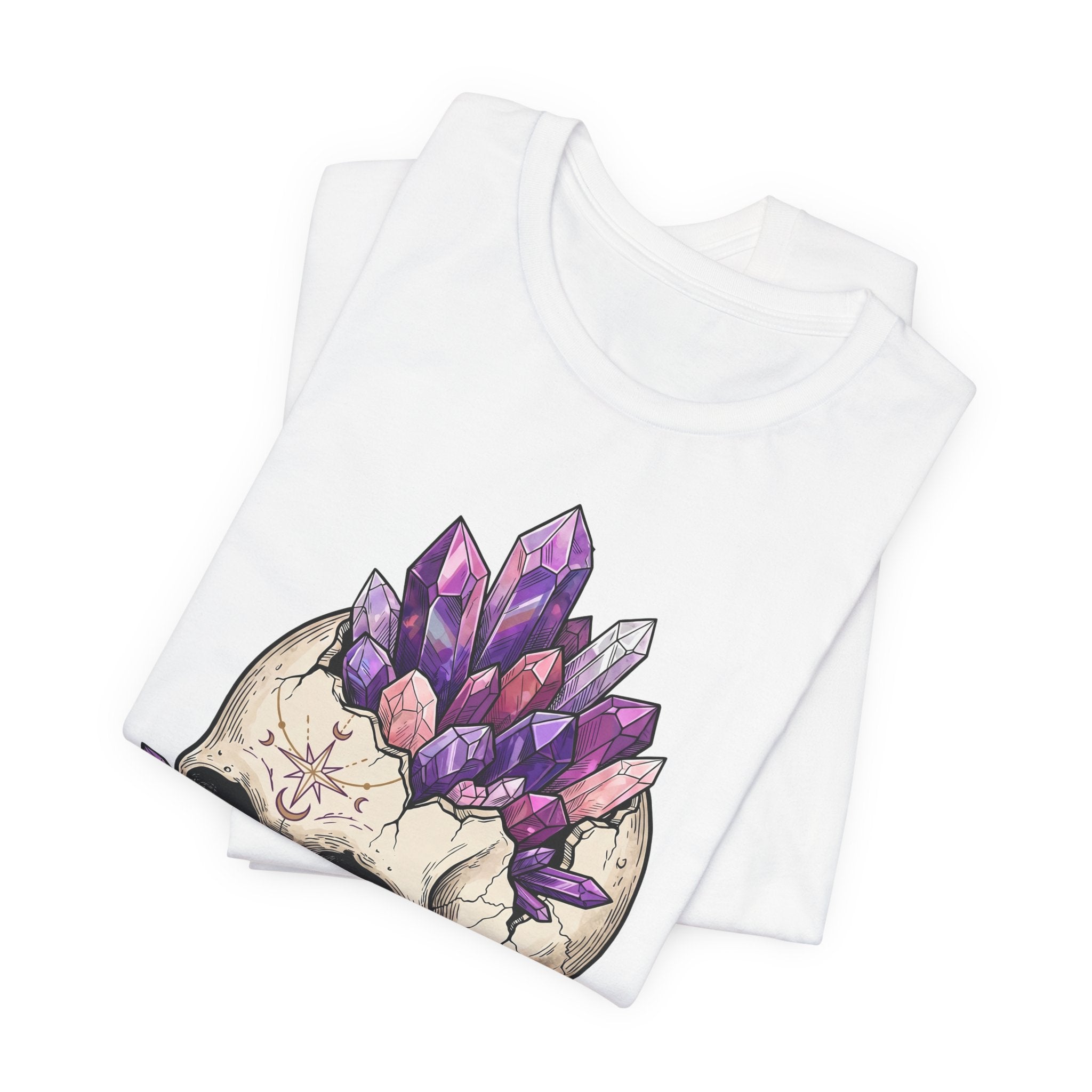 Amethyst crystal skull T-shirt in white, purple crystal skull graphic