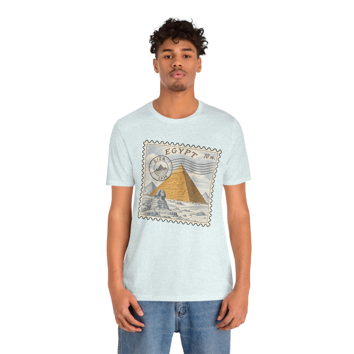 Light blue crew-neck T-shirt with Egypt stamp graphic featuring pyramids