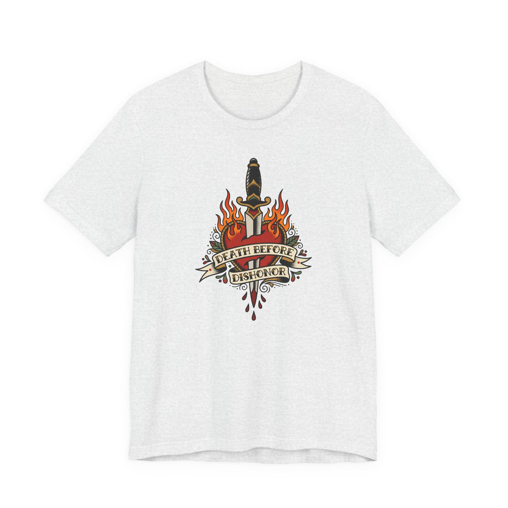 Light grey crewneck T-shirt with flame dagger graphic on front