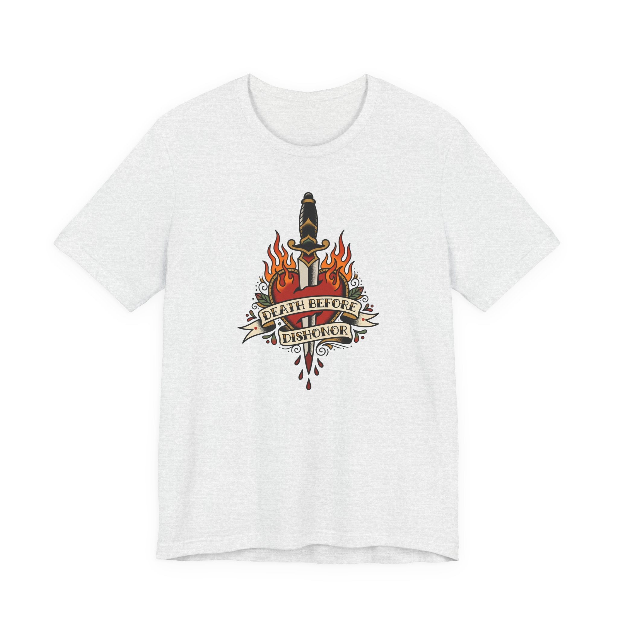 Light grey crewneck T-shirt with flame dagger graphic on front