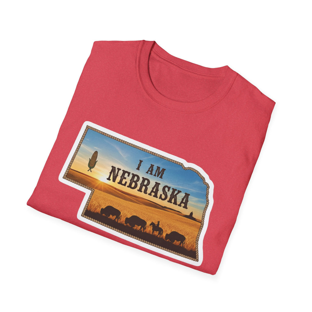 Red T-shirt with Nebraska sunset “I Am Nebraska” front print