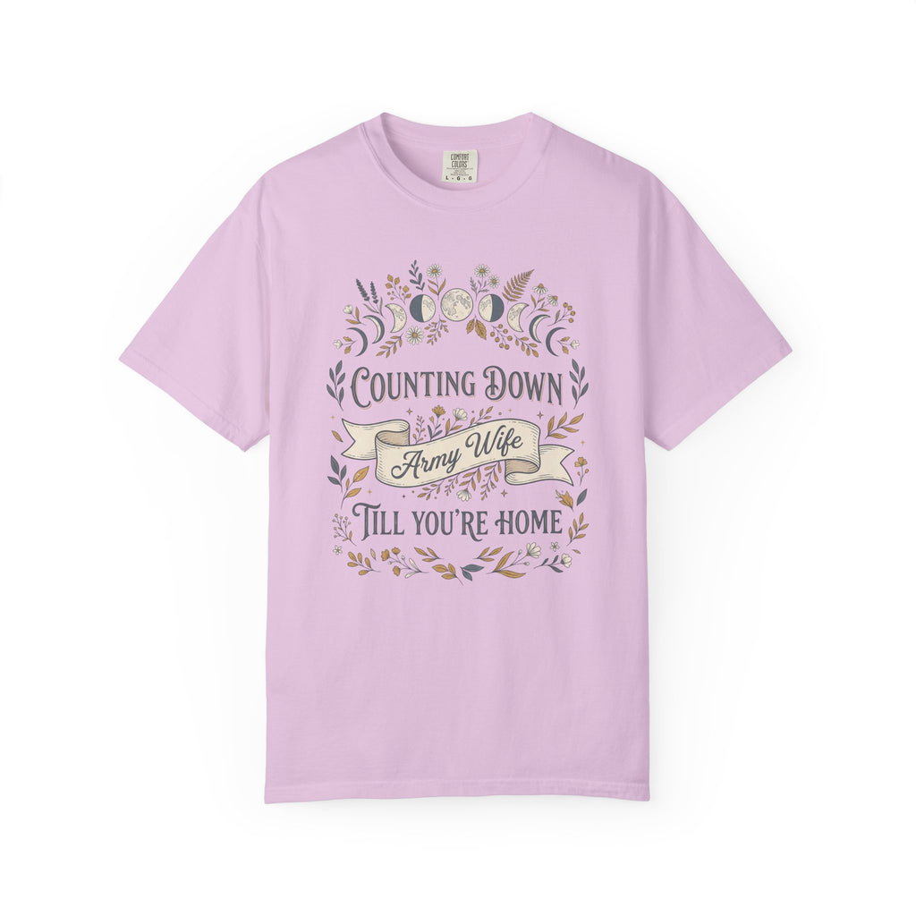 Lavender T-shirt with “Counting Down Till You’re Home” Army Wife graphic