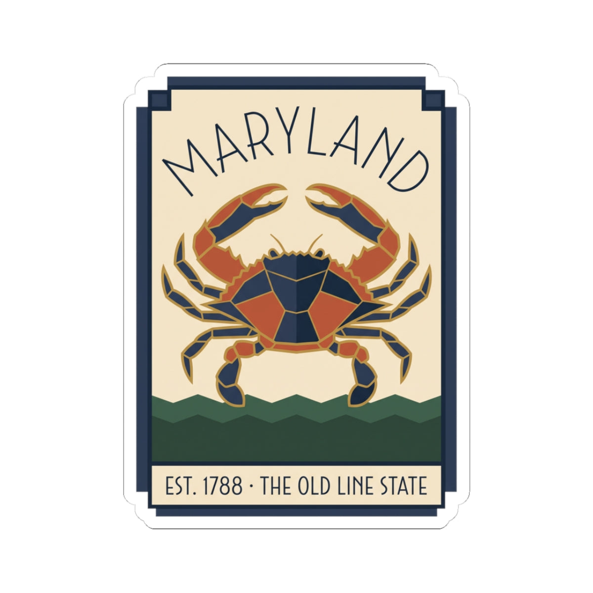 Maryland crab sticker with Art Deco border, blue text, and colorful crab illustration