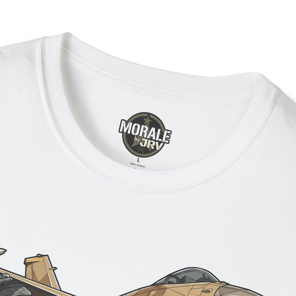 White T-shirt collar with circular brand logo; top of camouflage jet graphic